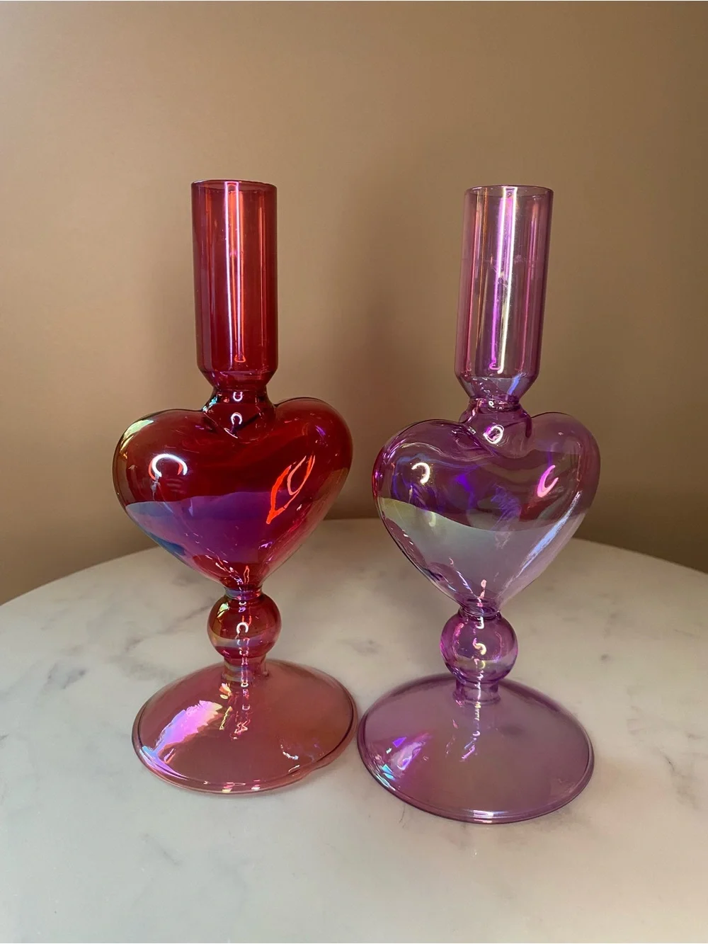 (2) Glass Heart Tapered Candle Holders